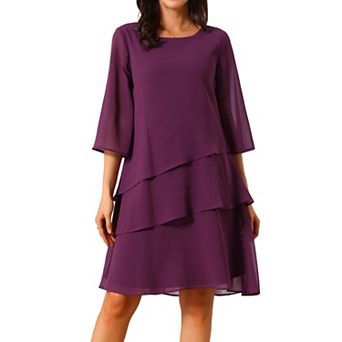 Women's Round Neck Semi Sheer 3/4 Bell Sleeve Asymmetrical Layered Tiered Chiffon Midi Dress