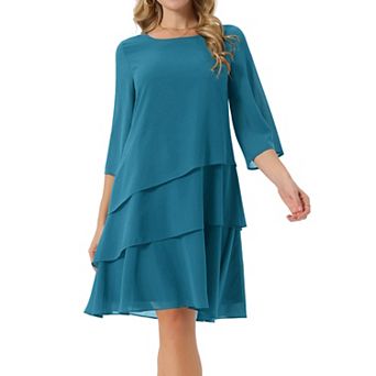 Women's Round Neck Semi Sheer 3/4 Bell Sleeve Asymmetrical Layered Tiered Chiffon Midi Dress