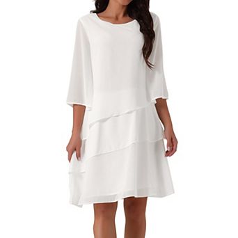 Women's Round Neck Semi Sheer 3/4 Bell Sleeve Asymmetrical Layered Tiered Chiffon Midi Dress