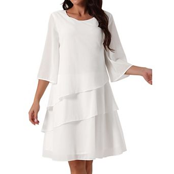 Women's Round Neck Semi Sheer 3/4 Bell Sleeve Asymmetrical Layered Tiered Chiffon Midi Dress