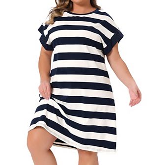 Plus Size Tunic Dress for Women Summer Short Sleeve Striped Casual T Shirt Dress