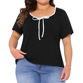 Plus Size Tops for Women Sweetheart Neck Contrast Trim Tie Knot Short Sleeve T Shirts Blouses