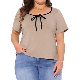 Plus Size Tops for Women Sweetheart Neck Contrast Trim Tie Knot Short Sleeve T Shirts Blouses