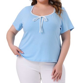 Plus Size Tops for Women Sweetheart Neck Contrast Trim Tie Knot Short Sleeve T Shirts Blouses