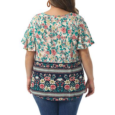 Plus Size Women's Keyhole Ruffle Short Sleeve Tops Boho Floral Summer t Shirt Tops Blouse Vacation