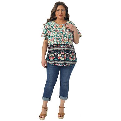 Plus Size Women's Keyhole Ruffle Short Sleeve Tops Boho Floral Summer t Shirt Tops Blouse Vacation