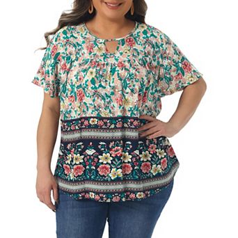 Plus Size Women's Keyhole Ruffle Short Sleeve Tops Boho Floral Summer t Shirt Tops Blouse Vacation