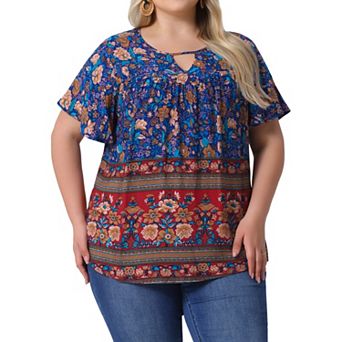 Plus Size Women's Keyhole Ruffle Short Sleeve Tops Boho Floral Summer t Shirt Tops Blouse Vacation