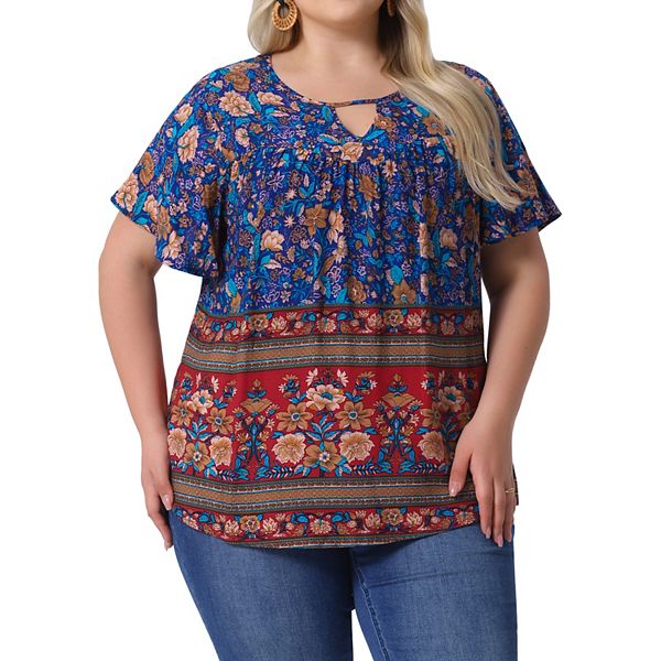 Plain Ruffle Sleeve Buttoned Plus Size Boho Top main image 0
