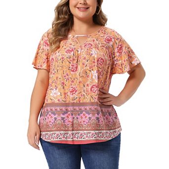 Plus Size Women's Keyhole Ruffle Short Sleeve Tops Boho Floral Summer t Shirt Tops Blouse Vacation