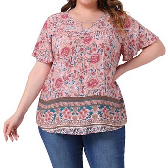 Plus Size Women's Keyhole Ruffle Short Sleeve Tops Boho Floral Summer t Shirt Tops Blouse Vacation