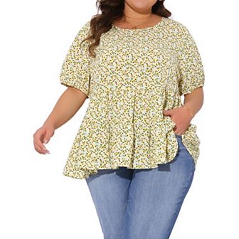 Plus Size Blouses for Women Short Sleeve Crew Neck Casual Babydoll Floral Tops