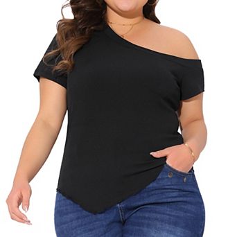 Women's Plus Size Summer Tops One Shoulder Short Sleeve Blouses Asymmetrical Hem Tee Top