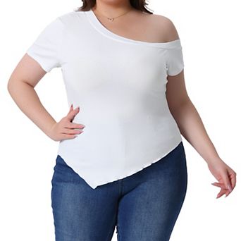Women's Plus Size Summer Tops One Shoulder Short Sleeve Blouses Asymmetrical Hem Tee Top