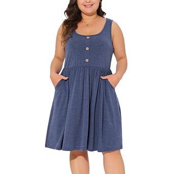 Plus Size Women's Summer Casual Sleeveless Button Down Elastic Waist Swing Tank Dresses Sundress