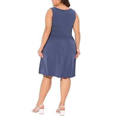 Plus Size Women's Summer Casual Sleeveless Button Down Elastic Waist Swing Tank Dresses Sundress