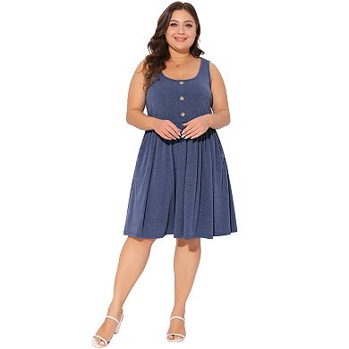 Plus Size Women's Summer Casual Sleeveless Button Down Elastic Waist Swing Tank Dresses Sundress