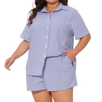 Women's Plus Size 2 pc Outfit Set Shirts Striped Collared Button Down Cotton Blouse and Shorts