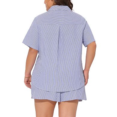 Women's Plus Size 2 Piece Outfit Set Shirts Striped Collared Button Down Cotton Blouse and Shorts