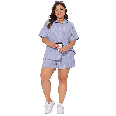 Women's Plus Size 2 Piece Outfit Set Shirts Striped Collared Button Down Cotton Blouse and Shorts