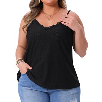 Plus Size Women's Summer Eyelet Jersey Cami V Neck Casual Sleeveless Hollow Basic Camisole Tops