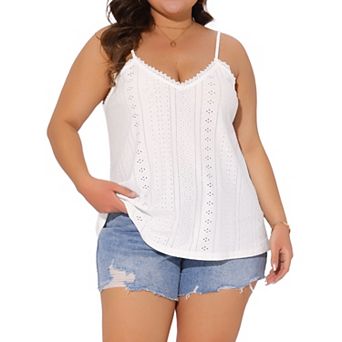 Plus Size Women's Summer Eyelet Jersey Cami V Neck Casual Sleeveless Hollow Basic Camisole Tops