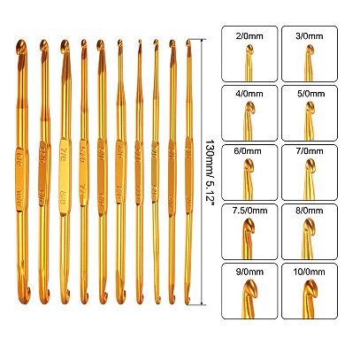 Double End Crochet Hooks 2/0 to 10/0 Aluminum Golden Tone Knitting Needles Crocheting Stitch 10Pcs