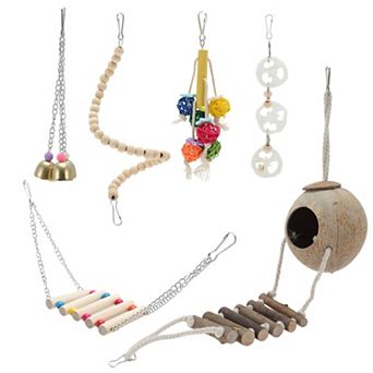 Cockatiel Toys, Bird Toys, 6 pc Multifunctional Natural Coconut Hideaway with Ladder Swing Toys