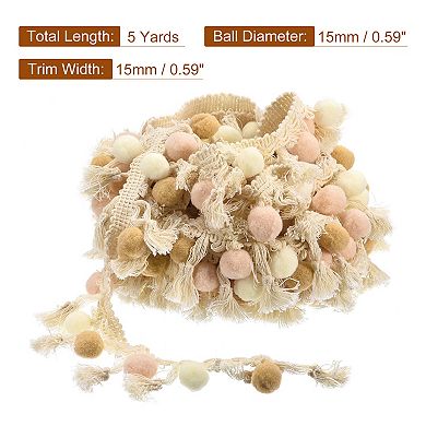 5 Yards Pom Pom Ball Fringe Trim, Ribbon Sewing DIY Crafts Accessory for Decoration, Beige