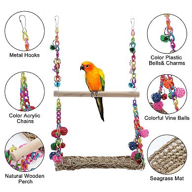 Cockatiel Toys, Seagrass Woven Parrot Platform Bird Climbing Hammock Bird Perch Stand Chewing Toys