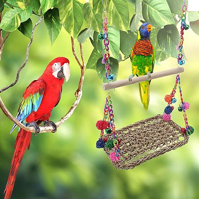 Cockatiel Toys, Seagrass Woven Parrot Platform Bird Climbing Hammock Bird Perch Stand Chewing Toys