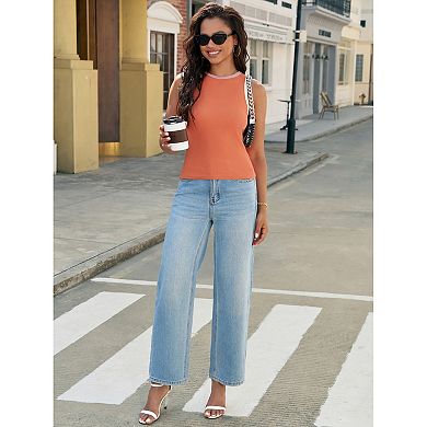 Ribbed Tank Tops for Women Summer Color Block Crew Neck Sleeveless Casual Shirts Slim Fitted Tops