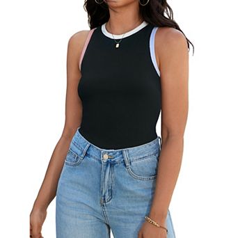 Ribbed Tank Tops for Women Summer Color Block Crew Neck Sleeveless Casual Shirts Slim Fitted Tops