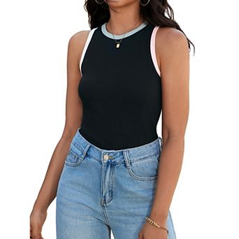 Ribbed Tank Tops for Women Summer Color Block Crew Neck Sleeveless Casual Shirts Slim Fitted Tops