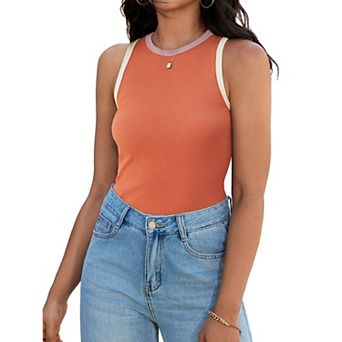 Ribbed Tank Tops for Women Summer Color Block Crew Neck Sleeveless Casual Shirts Slim Fitted Tops