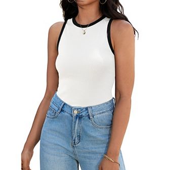 Ribbed Tank Tops for Women Summer Color Block Crew Neck Sleeveless Casual Shirts Slim Fitted Tops
