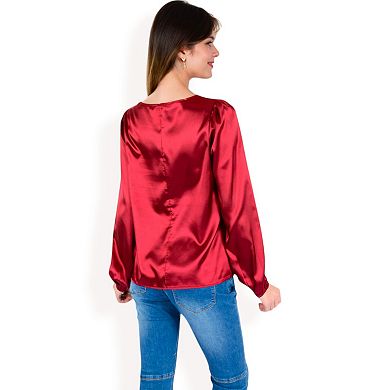 Women's Satin Blouse with Keyhole Neckline and Long Sleeves