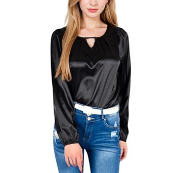 Women's Satin Blouse with Keyhole Neckline and Long Sleeves