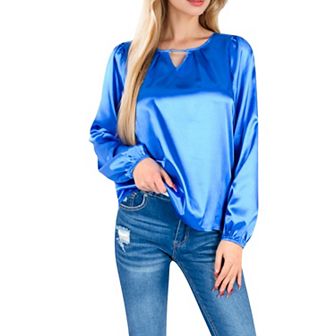 Women's Satin Blouse with Keyhole Neckline and Long Sleeves