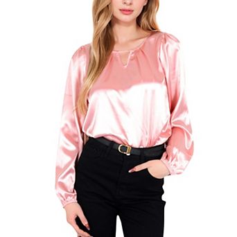 Women's Satin Blouse with Keyhole Neckline and Long Sleeves