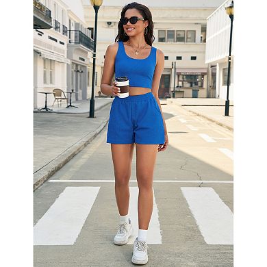 Womens Two Piece Sets Ribbed Knit Crop Tank Tops Short Sets with Pocket Summer Lounge Set