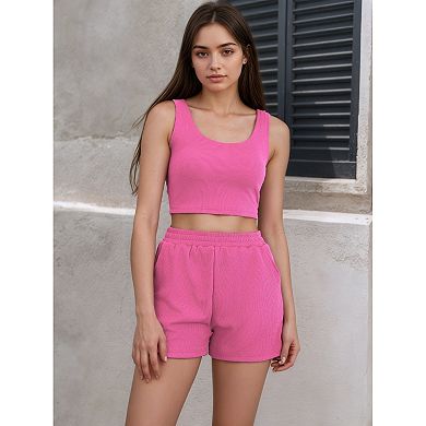 Womens Two Piece Sets Ribbed Knit Crop Tank Tops Short Sets with Pocket Summer Lounge Set