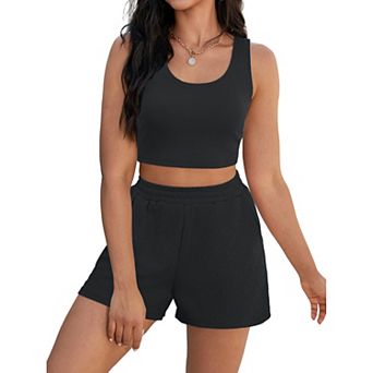 Womens Two Piece Sets Ribbed Knit Crop Tank Tops Short Sets with Pocket Summer Lounge Set
