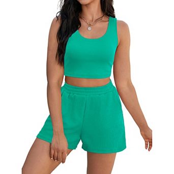 Womens Two Piece Sets Ribbed Knit Crop Tank Tops Short Sets with Pocket Summer Lounge Set