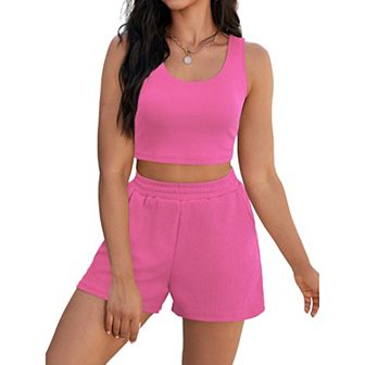Womens Two Piece Sets Ribbed Knit Crop Tank Tops Short Sets with Pocket Summer Lounge Set