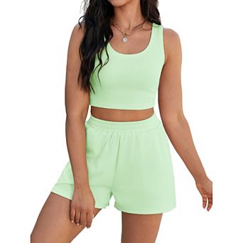 Womens Two Piece Sets Ribbed Knit Crop Tank Tops Short Sets with Pocket Summer Lounge Set
