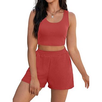 Womens Two Piece Sets Ribbed Knit Crop Tank Tops Short Sets with Pocket Summer Lounge Set
