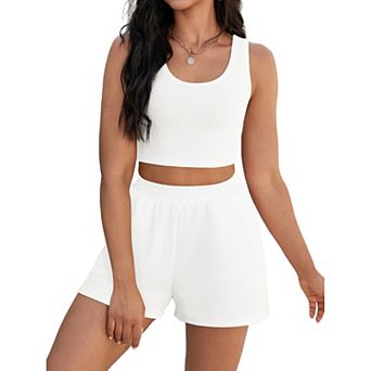 Womens Two Piece Sets Ribbed Knit Crop Tank Tops Short Sets with Pocket Summer Lounge Set