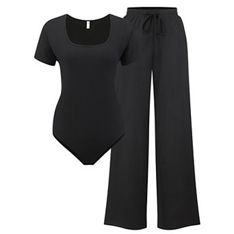 Women's Plus Size 2 pc Square Neck Short Sleeve Bodysuit Top Wide Leg Pants Set Outfit Body Suit