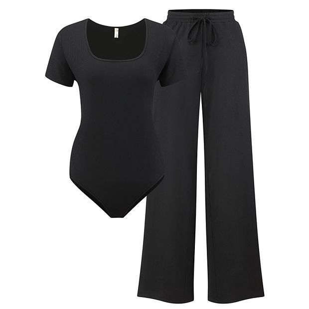 Women's Plus Size 2 Piece Square Neck Short Sleeve Bodysuit Top